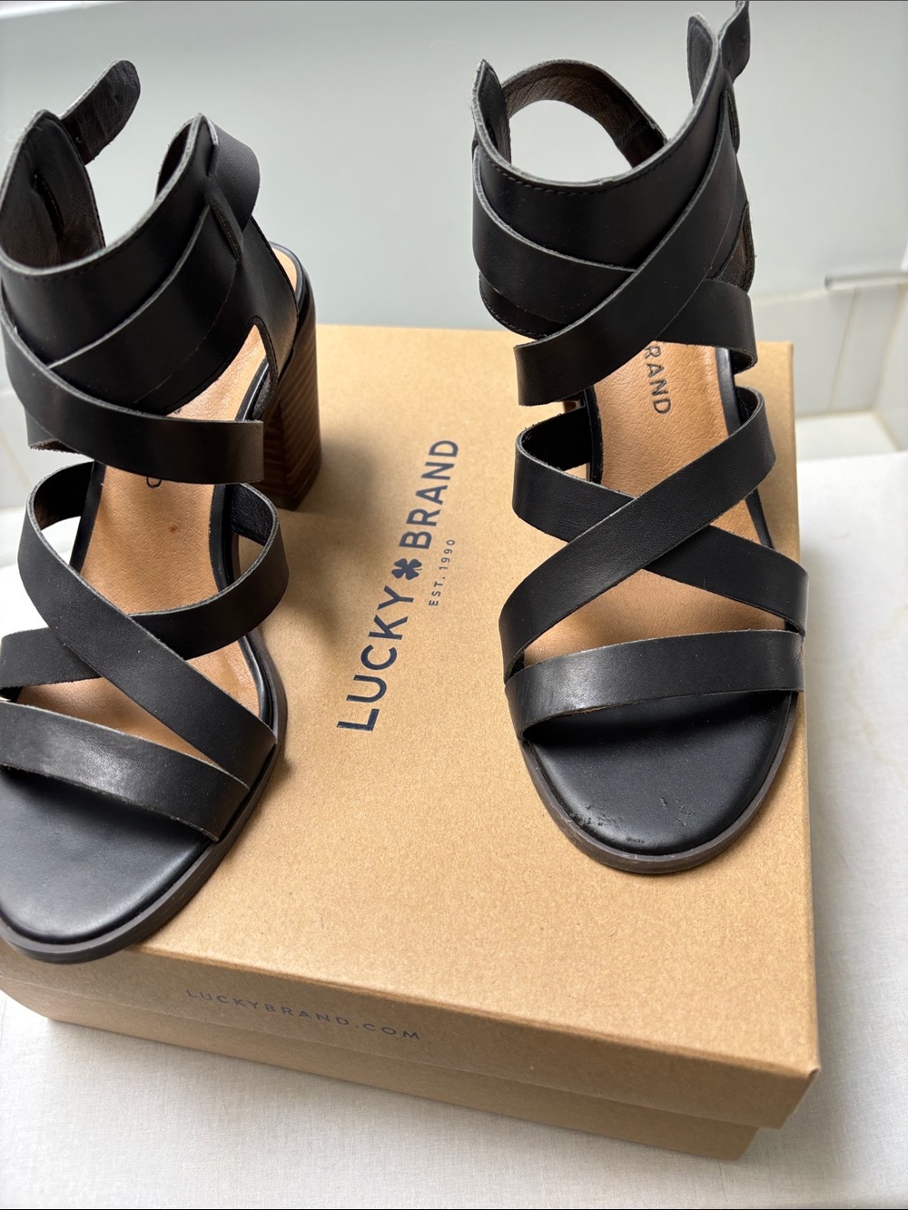 Lucky Brand Black Leather Crisscross Block Heel Sandals